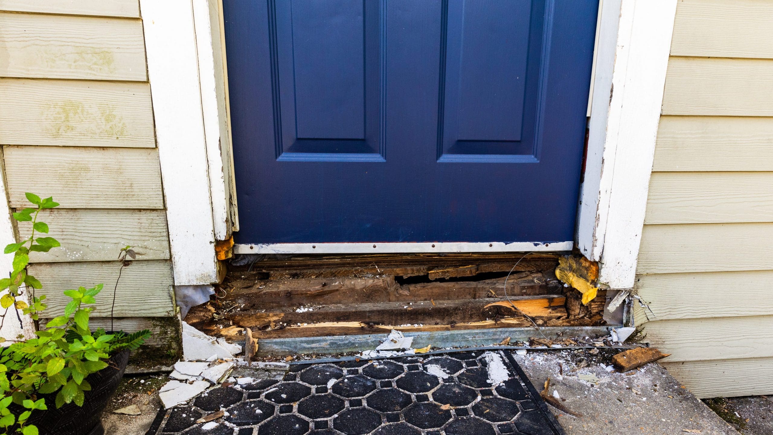 A blue door with significant rotting and damage at the bottom of the door frame. Surrounding the door frame is chipped paint and debris. The exterior wall has beige siding, and a worn rubber mat lies on the ground in front of the door.