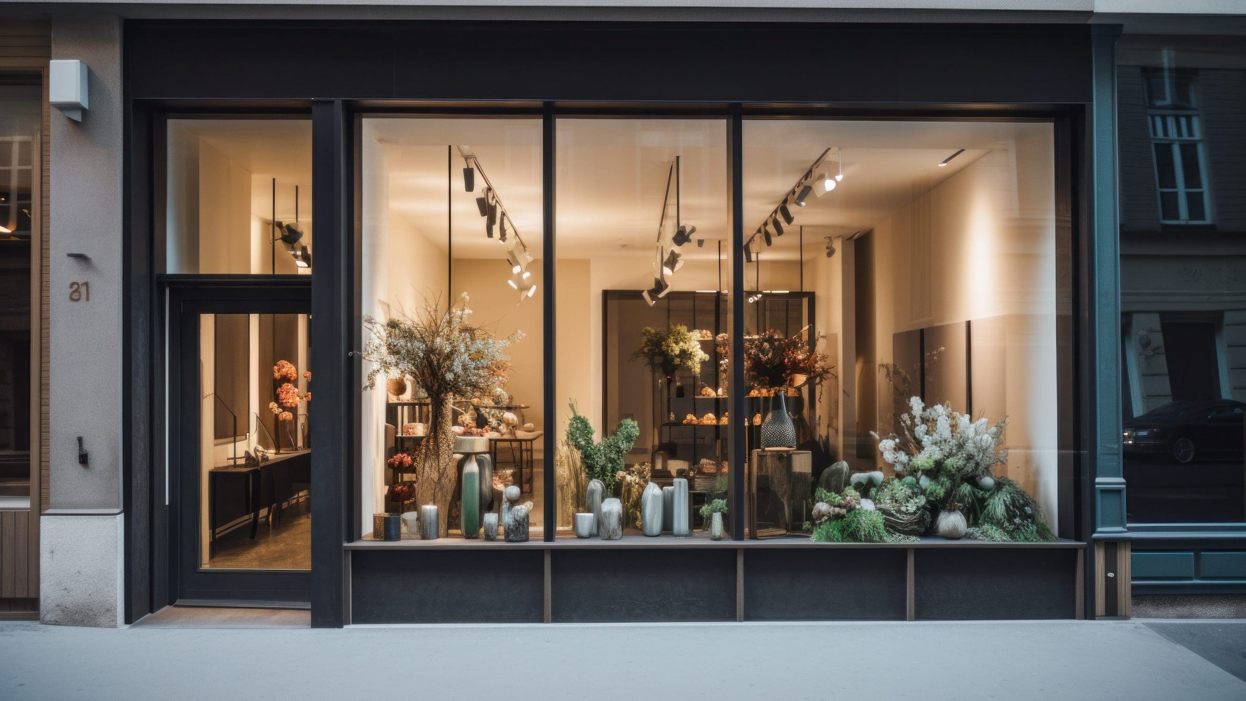 A street view of a modern florist shop with large glass windows showcasing various plants and floral arrangements. The interior is brightly lit, and several vases and potted plants are displayed on wooden shelves and tables inside.