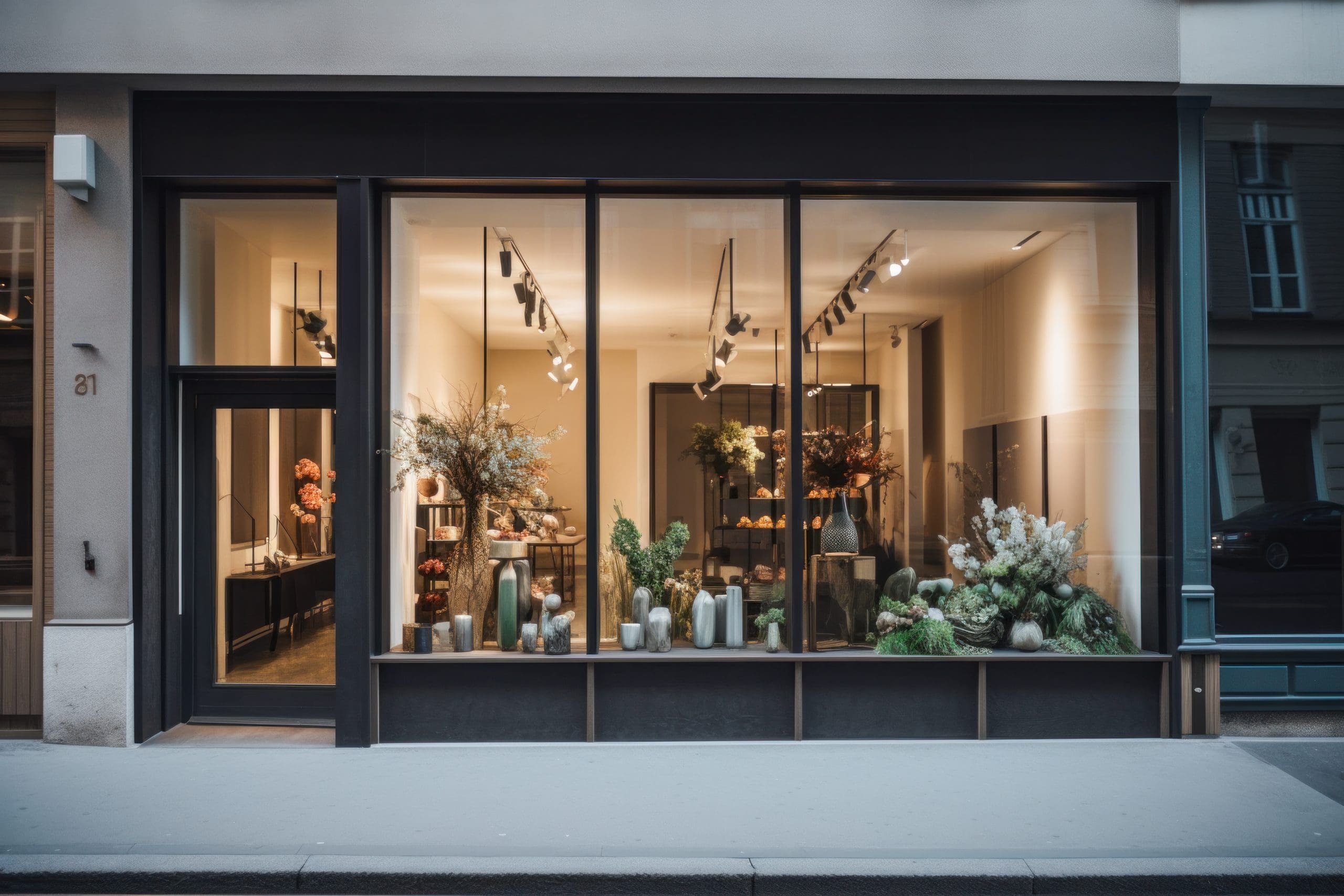 A well-lit flower shop with large glass windows displaying a variety of plants and floral arrangements in vases. The interior has a warm, inviting ambiance with shelves and tables showcasing more greenery and florals. A door on the left leads into the shop.