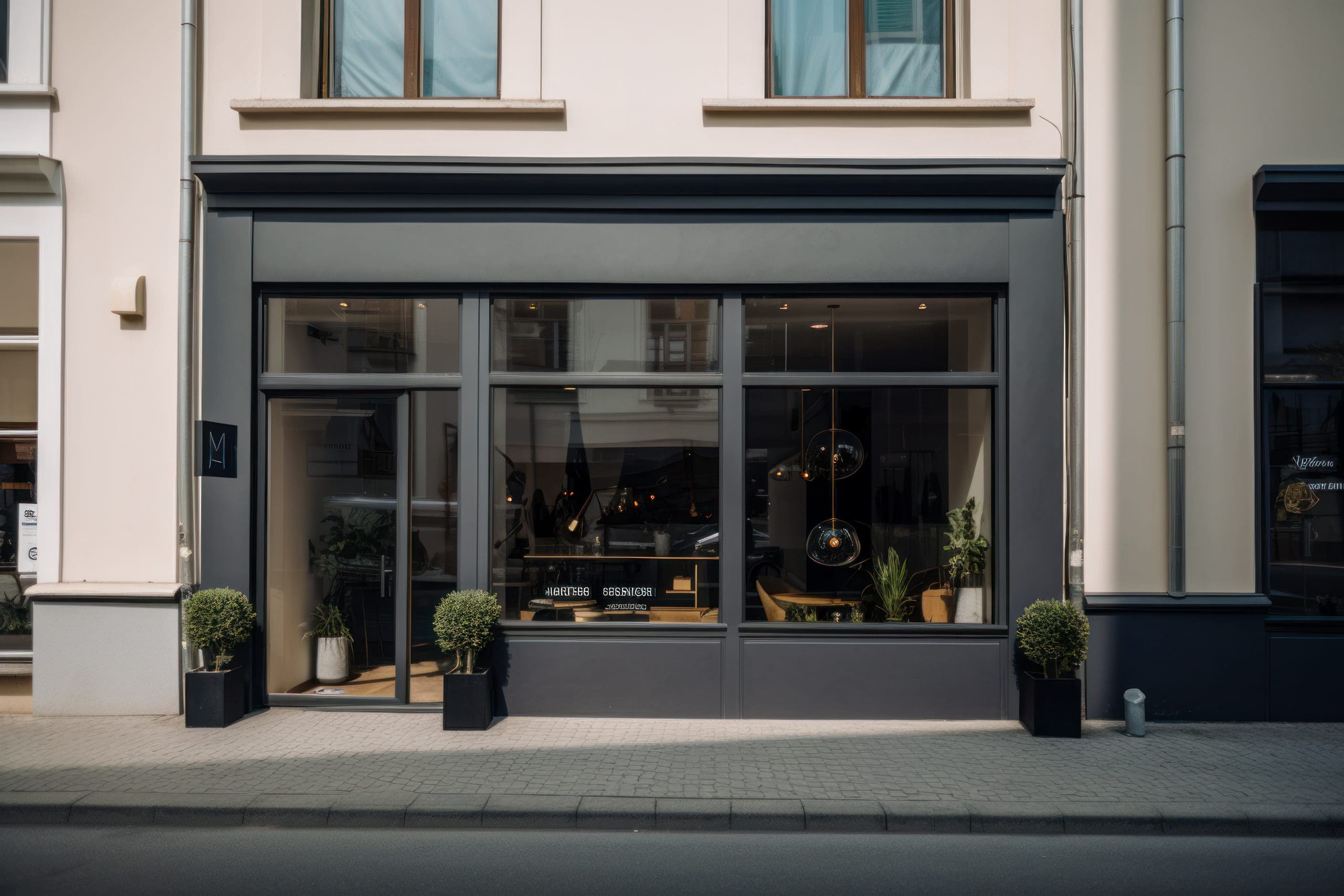 A modern storefront with large glass windows and a dark gray facade. The entrance is flanked by potted plants. Inside, minimalistic furniture and lighting fixtures are visible. The building has a clean, contemporary design with a light-colored exterior.