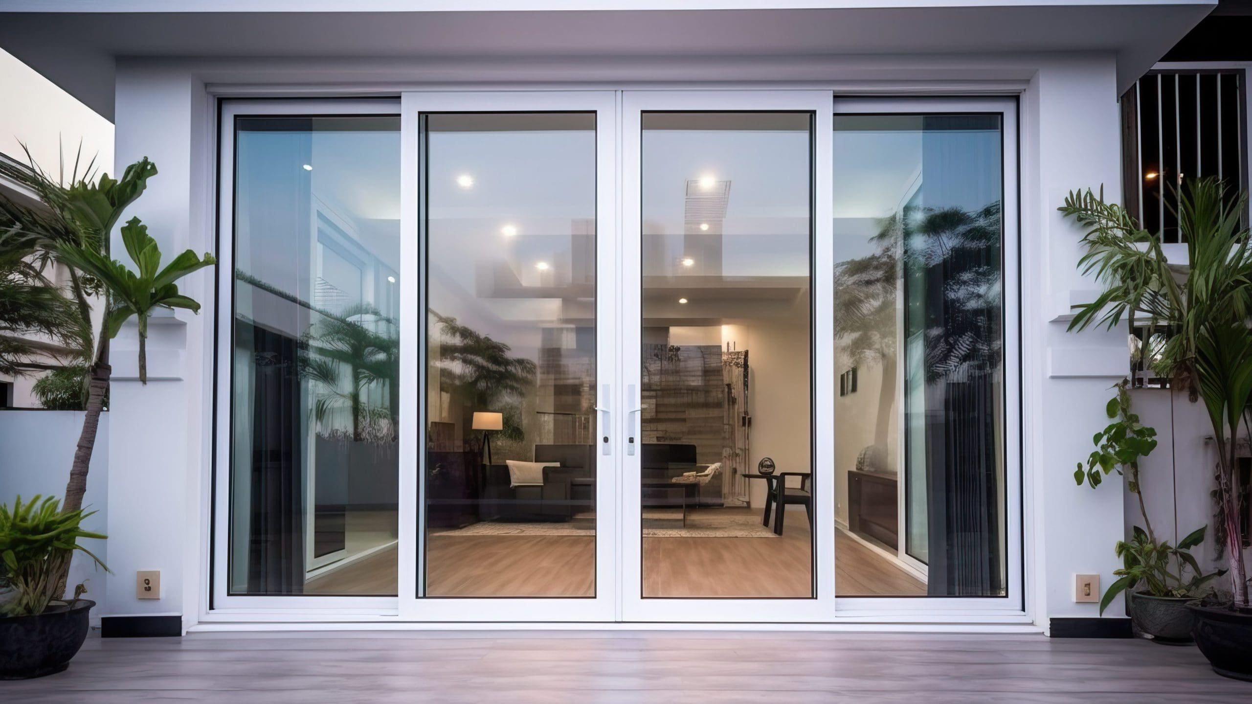 A modern home with large sliding glass doors opens into a spacious, well-lit living area. The interior features contemporary furniture, potted plants, and wooden flooring. Palm trees are visible on either side of the doors.