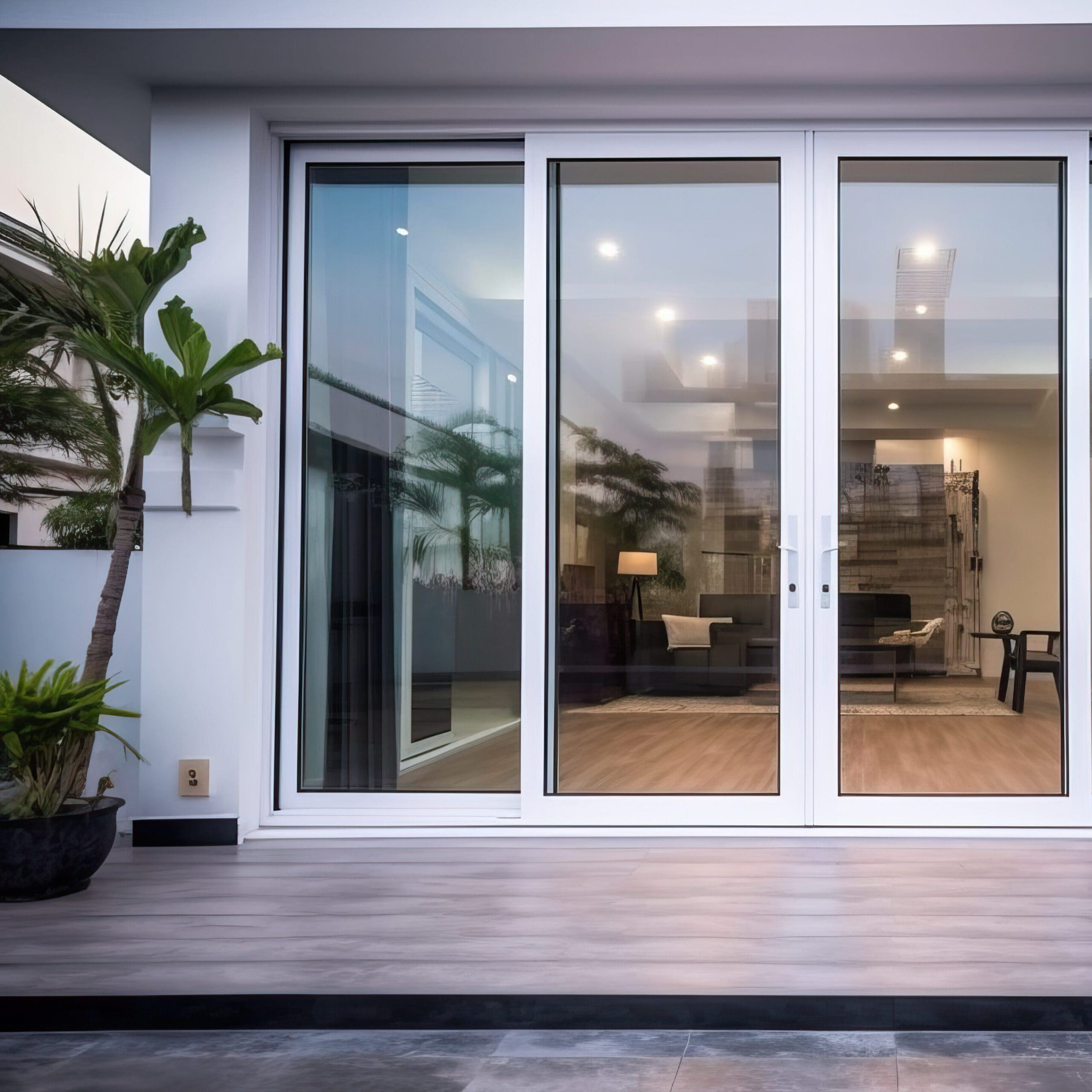 A modern living room is visible through large glass sliding doors. The room features a cozy seating area with contemporary furniture and warm lighting. There are indoor plants, and the outdoor area has potted plants and a sleek tiled patio.