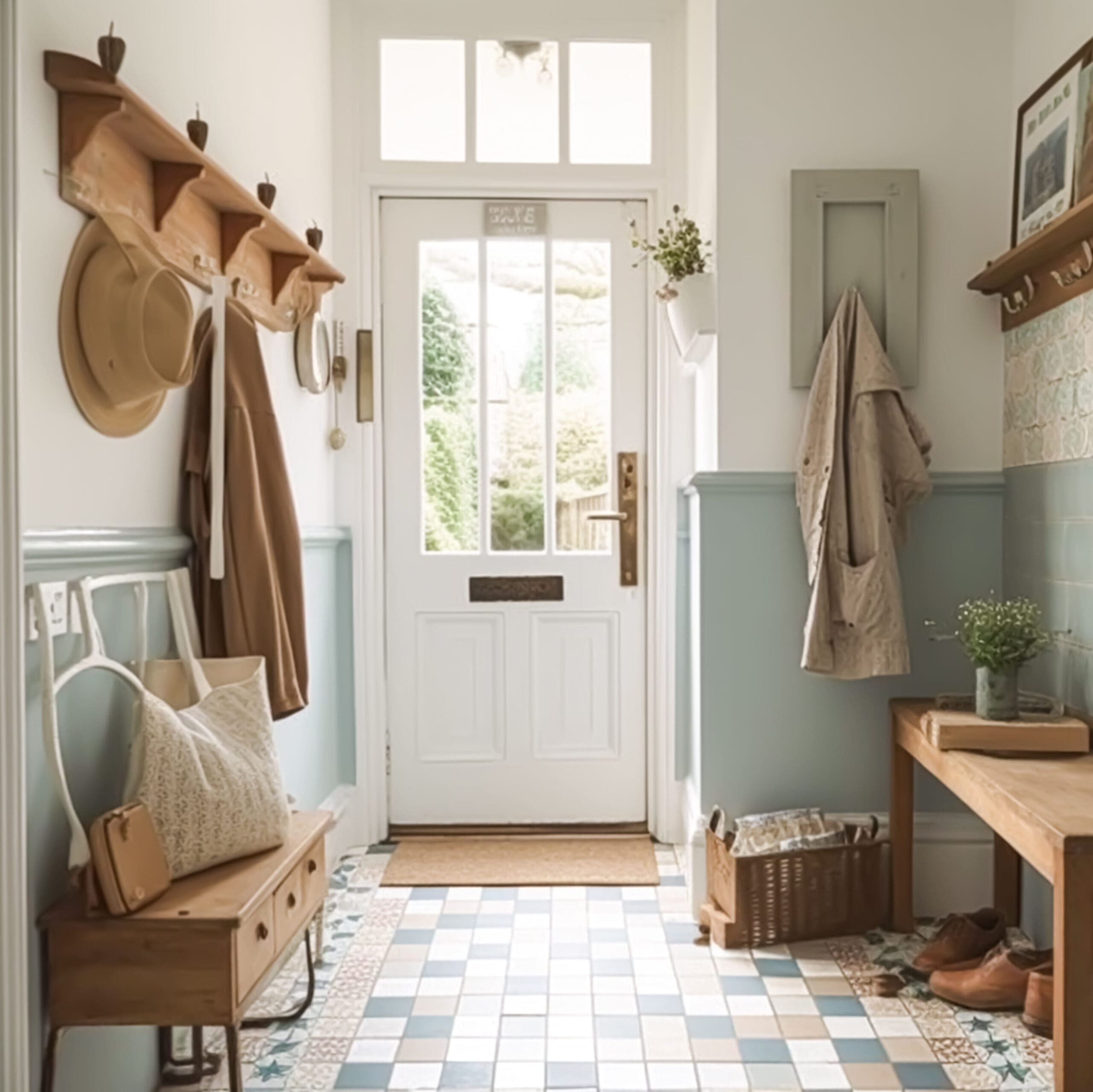 A cozy and well-lit entryway with a white front door. The space has light blue wainscoting, wooden shelves, and a bench. Items like coats, a hat, and a basket are neatly arranged. The floor features a patterned tile design and plants add a touch of greenery.