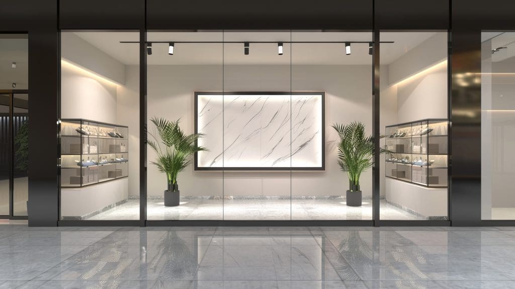 A modern storefront with floor-to-ceiling glass walls showcasing a minimalist interior. Inside, there are display shelves along the walls with small items, two tall potted plants, and a large framed abstract art piece on the back wall.