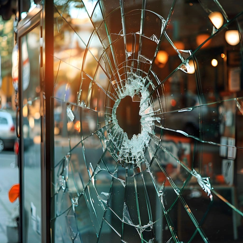 A shop window with a large circular hole in the center and radiating cracks is displayed. The glass is shattered, and the background shows a blurry urban street with cars and buildings, illuminated by warm sunlight.