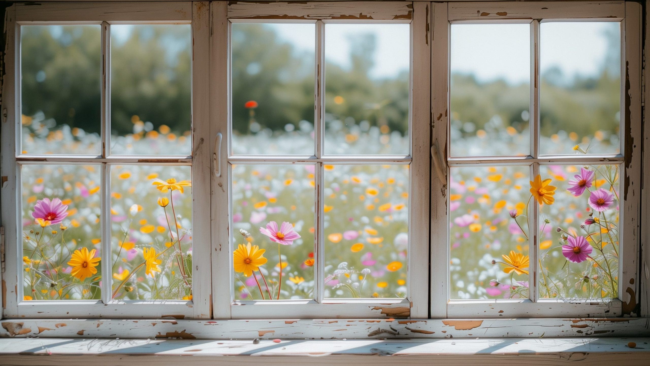 A rustic window with peeling paint frames a vibrant field of wildflowers in various colors, including yellow, pink, and white. The flowers are in full bloom, stretching toward a slightly blurred background of greenery under a sunny sky.