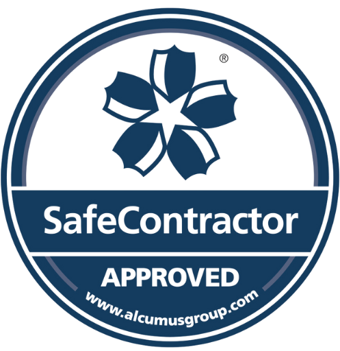 A logo showing a central blue flower-like shape surrounded by two circular blue borders. Inside the bottom border, it reads "www.alcumusgroup.com." The words "SafeContractor APPROVED" are prominently displayed across the middle.