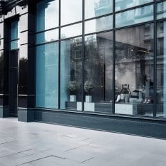 A sleek, modern storefront with tall glass windows reflecting the urban surroundings. Inside, minimalist decor with potted plants and contemporary furniture is visible. The street outside is empty, with clean, tiled pavement.