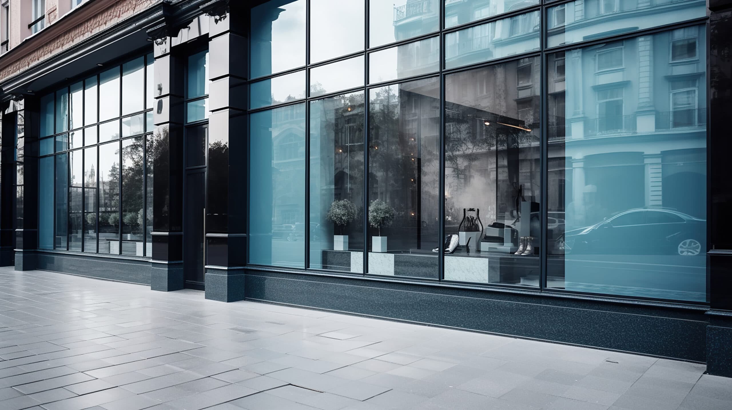 A sleek, modern storefront with tall glass windows reflecting the urban surroundings. Inside, minimalist decor with potted plants and contemporary furniture is visible. The street outside is empty, with clean, tiled pavement.