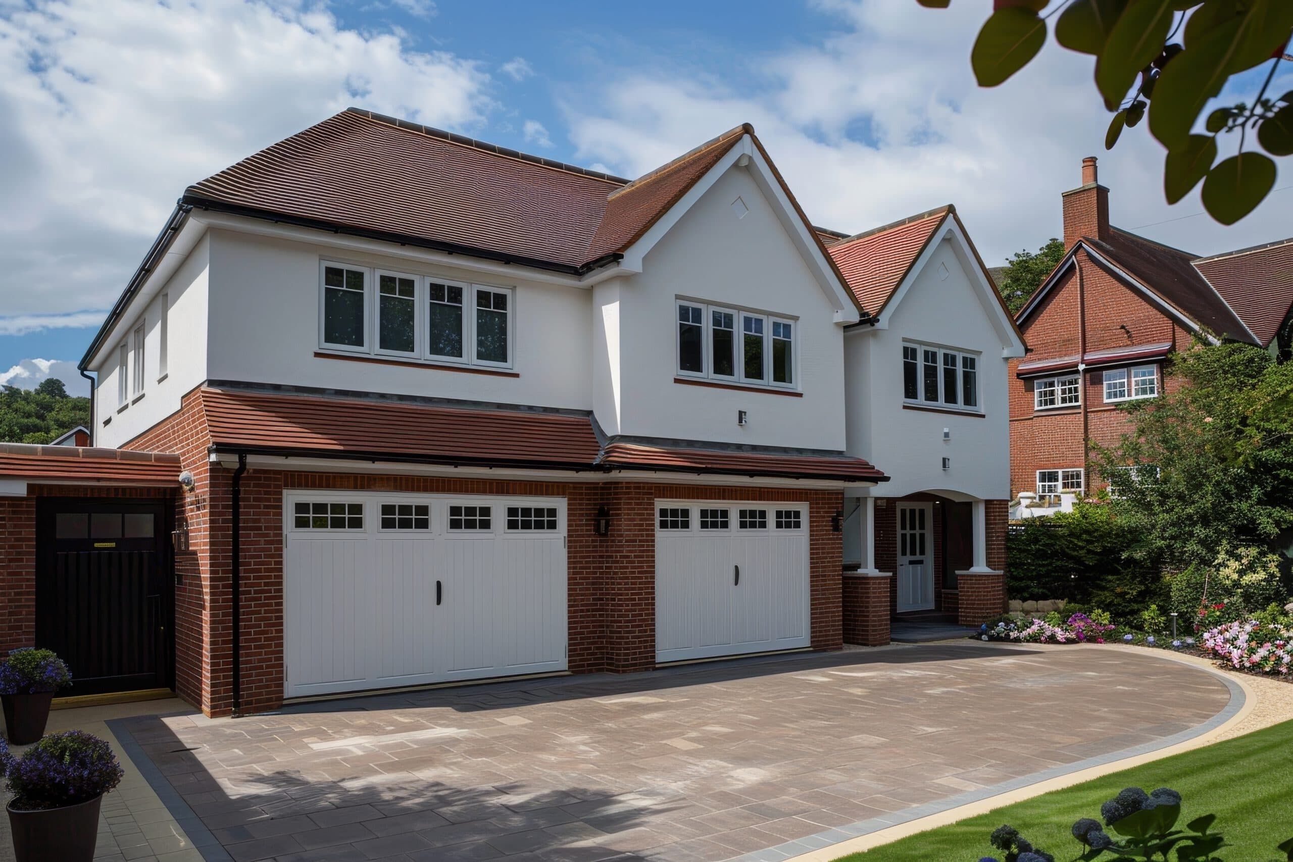 A two-story suburban house with a white facade and red brick accents features a three-car garage with white doors. The house is surrounded by neatly landscaped greenery and a paved driveway under a partly cloudy sky. Another house is visible to the right.