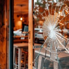 Close-up of a broken window at a wooden-framed storefront, with a large spiderweb-like crack and shattered glass. The interior shows chairs, tables, and warm lighting, suggesting a café or restaurant setting. Blurred background with a person and vehicles visible outside.