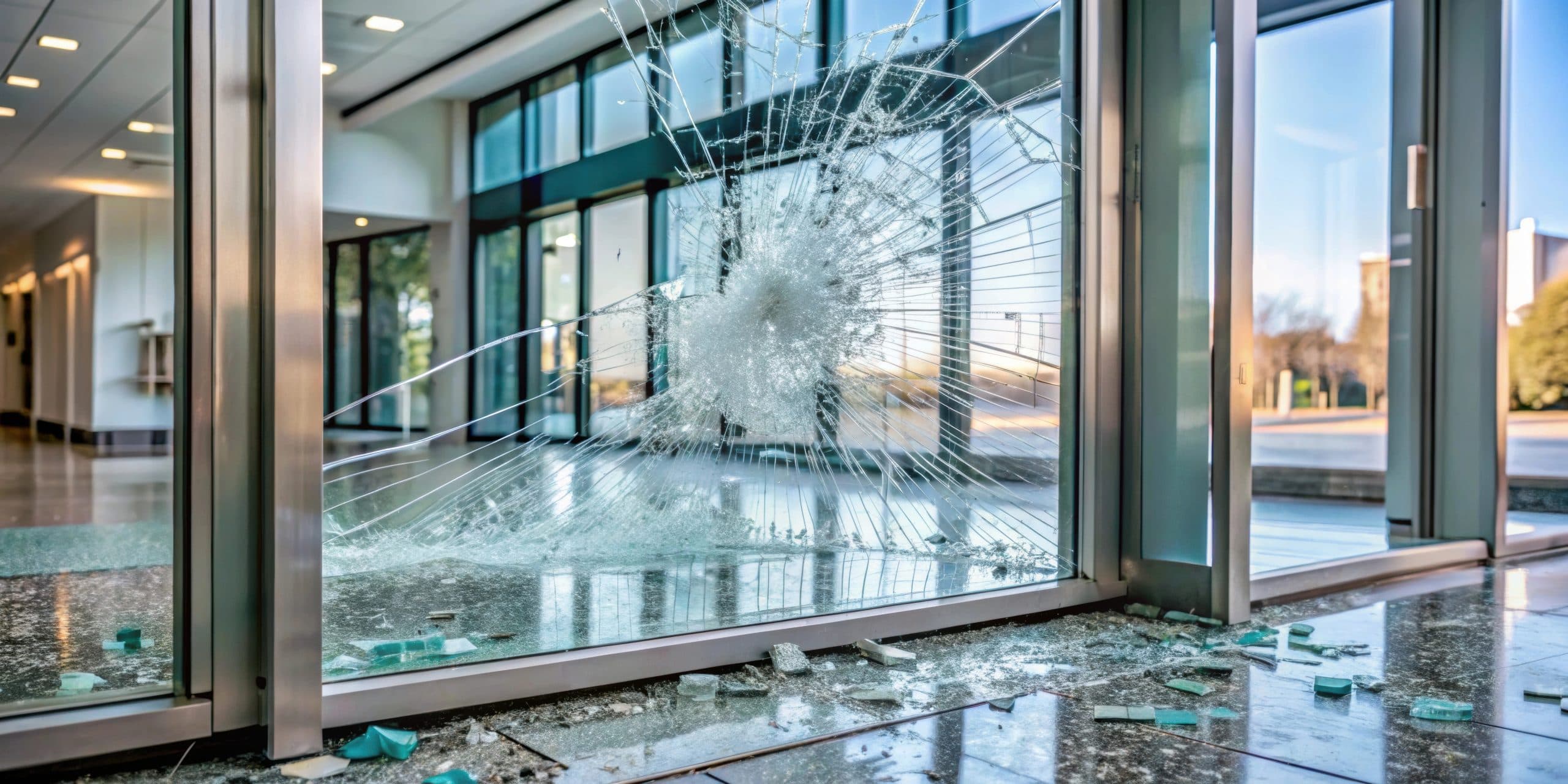 A broken glass door with a large hole in the center, surrounded by shattered glass pieces scattered on the floor. The scene is inside a modern building with large windows letting in natural light. Trees and a building are visible outside.